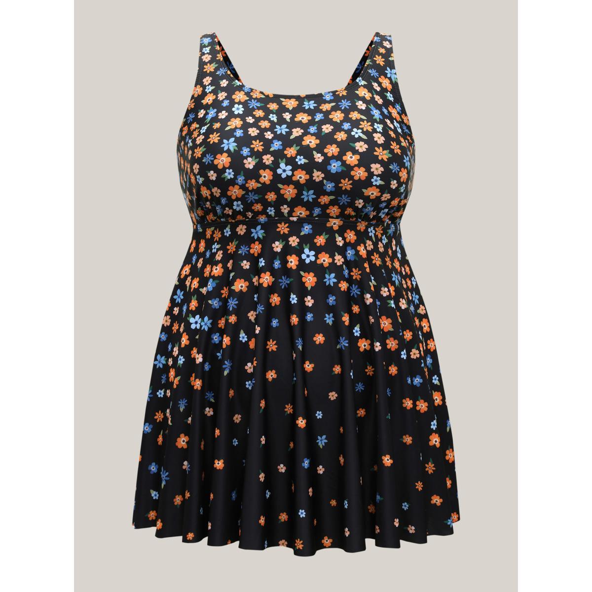 Plus Size Colorful Floral Print Adjustable Swim Dress Women's Swimwear Black Beach Bodycon U-neck High stretch Curve Swim Dresses BloomChic 12/L Product Image