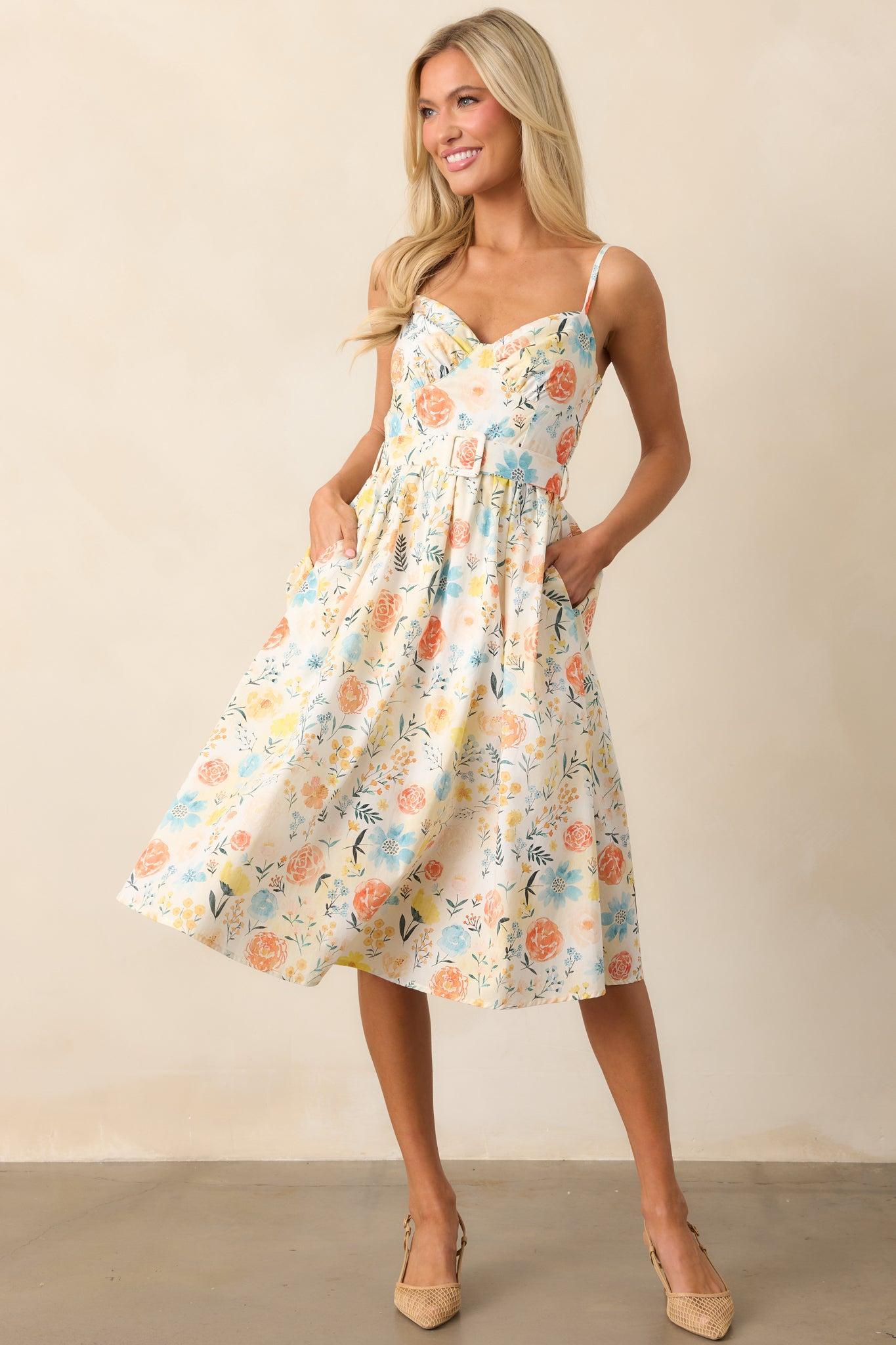 Garden Harvest Ivory Floral Belted Cotton Midi Dress Product Image