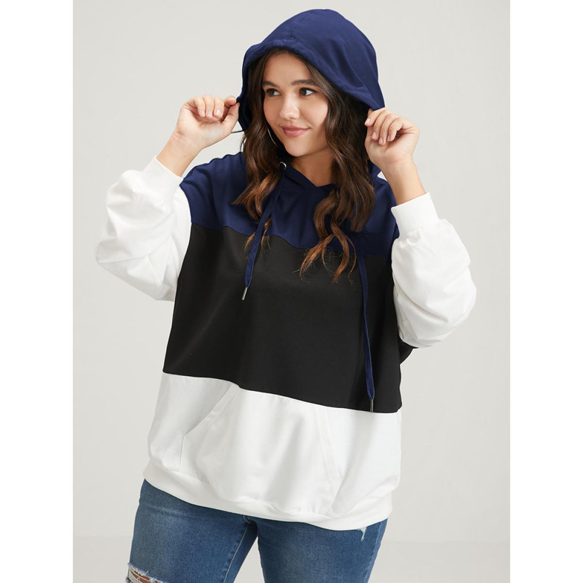 Plus Size Colorblock Contrast Drawstring Pocket Hooded Drop Shoulder Sweatshirt Women DarkBlue Casual Contrast Hooded Dailywear Sweatshirts BloomChic 18-20/2X Product Image