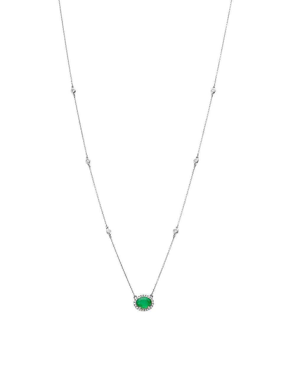 Womens 14K White Gold, Emerald & 0.27 TCW Diamond Halo Pendant Necklace Product Image