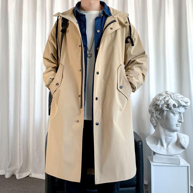 Hooded Button-Up Long Trench Coat Product Image