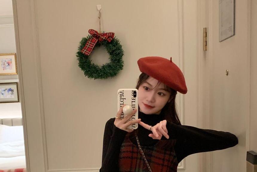 Plaid Button Front A-Line Dungaree Dress / Long-Sleeve Mock Neck Plain Slim Fit Top Product Image