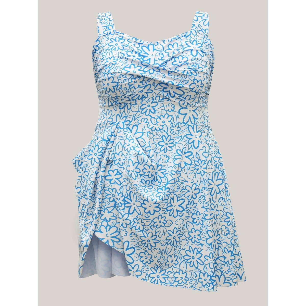 Plus Size Anti-Float Ties Twist Front Swim Dress Women's Swimwear Cerulean Beach Bodycon Heart neckline High stretch Curve Swim Dresses BloomChic 18-20/2X Product Image