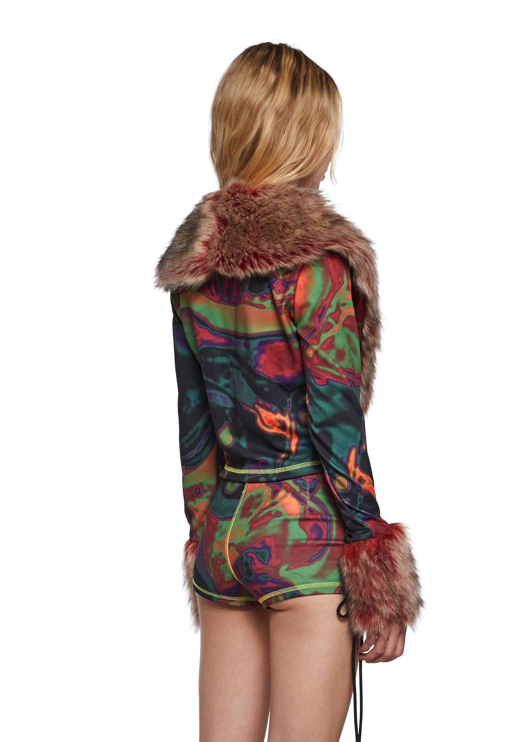 Womens Rave Trippy Graphic Faux Fur Long Sleeve Crop Top Club Exx - Multi Product Image