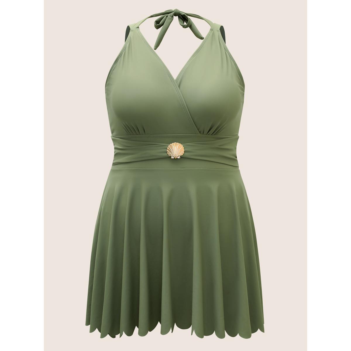 Plus Size Solid Tie Knot Metal Shell Detail Swim Dress Women's Swimwear Moss Beach Bodycon Overlap Collar High stretch Curve Swim Dresses BloomChic 12/L Product Image
