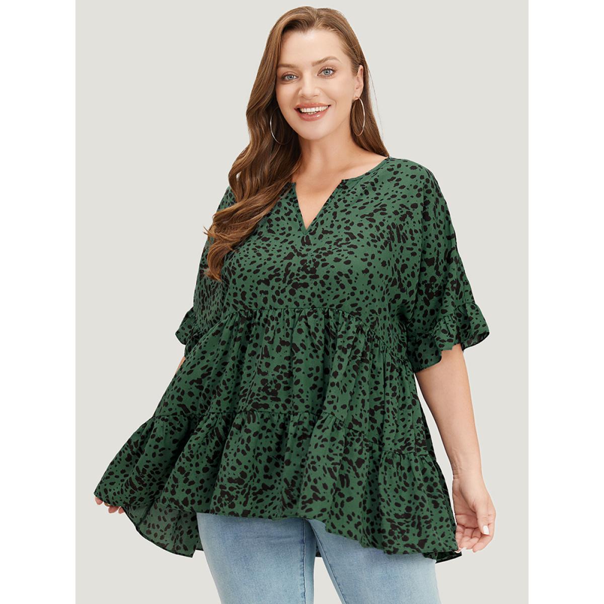 Plus Size Emerald Leopard Tiered Hem Notched Ruffle Sleeve Blouse Women Elegant Half Sleeve Notched collar Dailywear Blouses BloomChic 14-16/1X Product Image