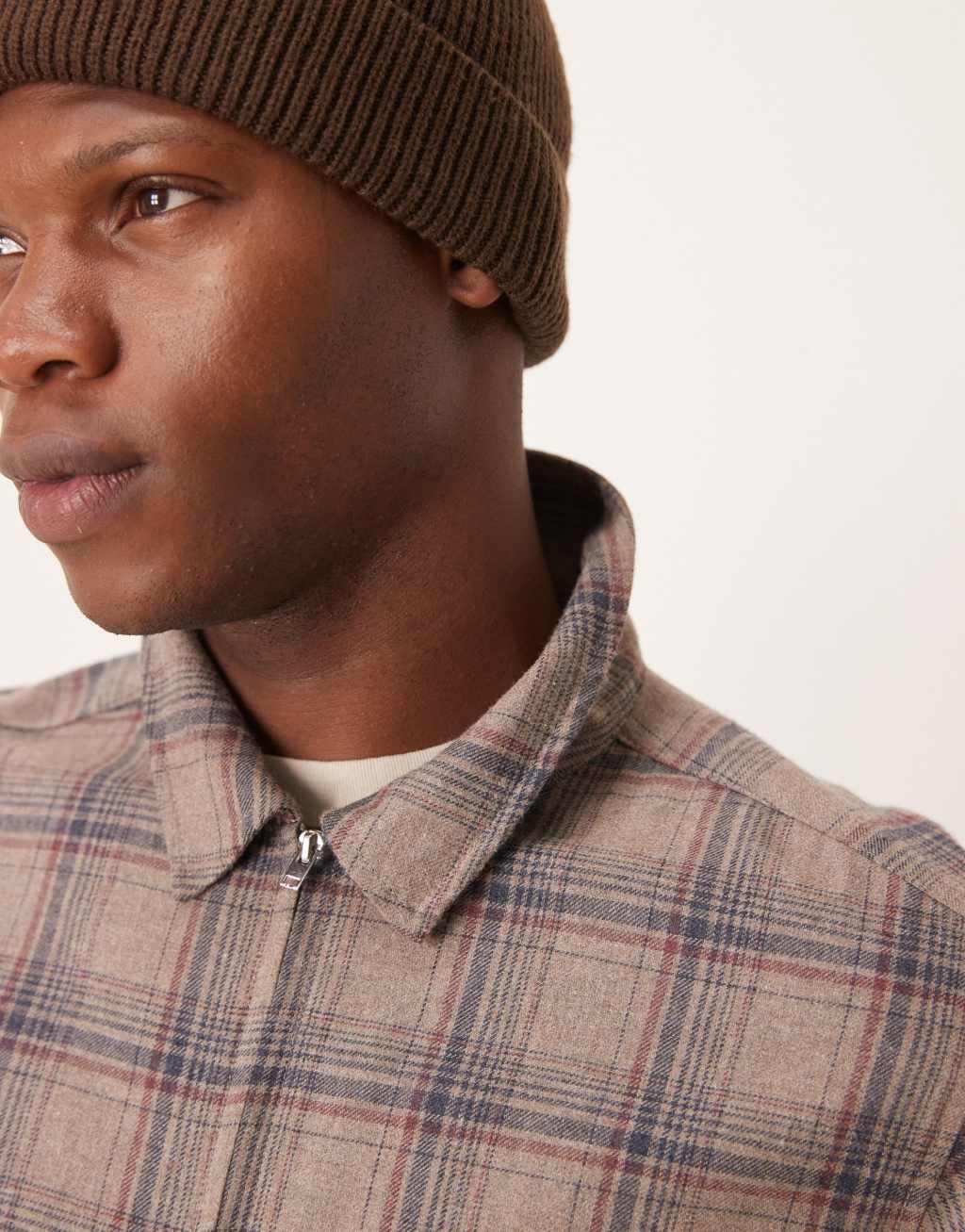 ASOS DESIGN relaxed boxy zip up shacket in brushed brown plaid Product Image
