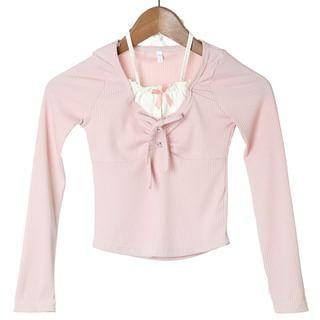 Long-Sleeve Plain Balletcore Crop Top / Mid Rise Tiered Mini Skirt Product Image