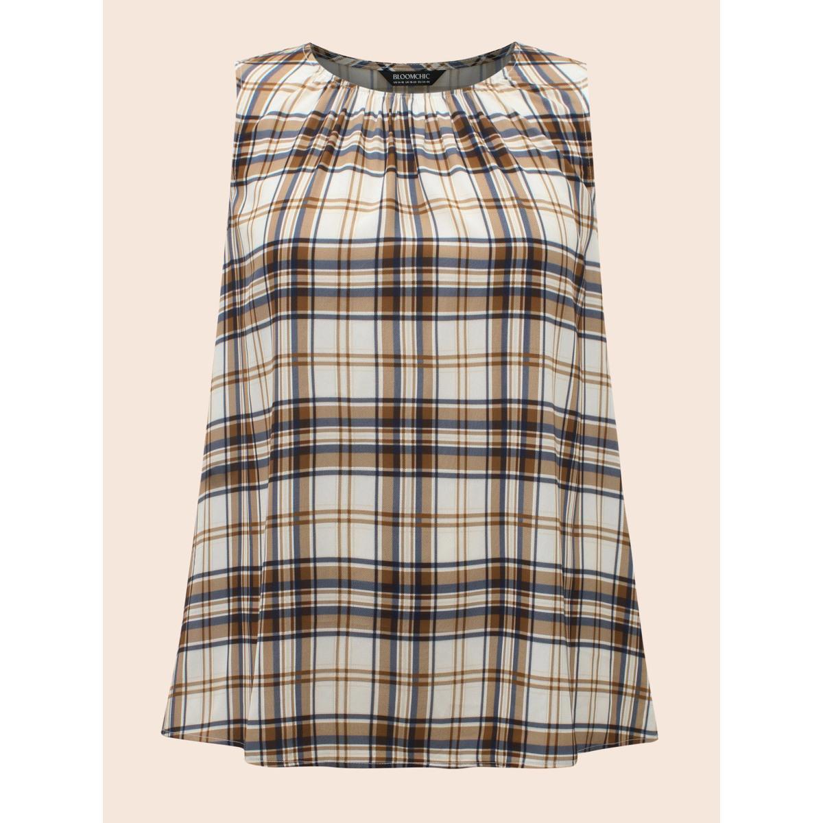 Plus Size Crew Neck Plaid Gathered Tank Top Women Multicolor Casual Gathered Ribbon-tied collar Everyday Tank Tops Camis BloomChic 22-24/3X Product Image