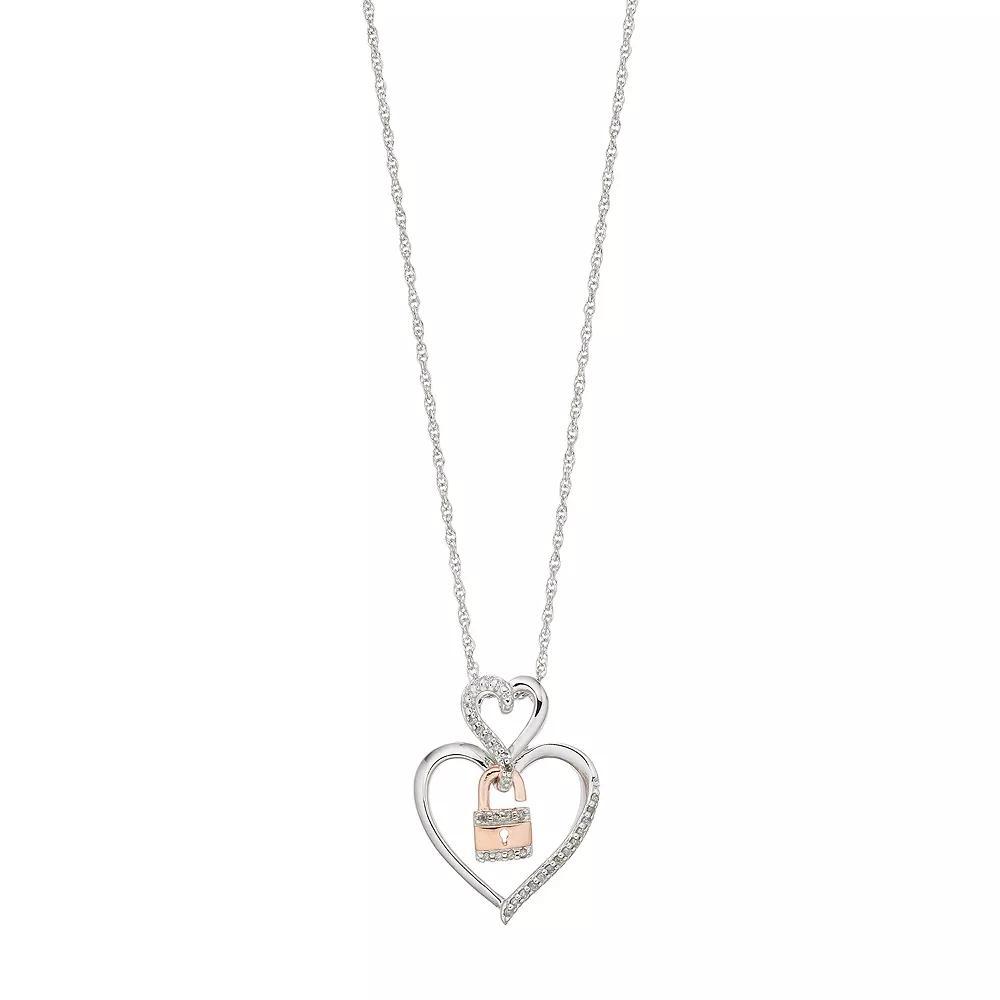 Two Tone Sterling Silver 1/10 Carat T.W. Diamond Heart & Lock Pendant Necklace, Women's, Size: 18" Product Image