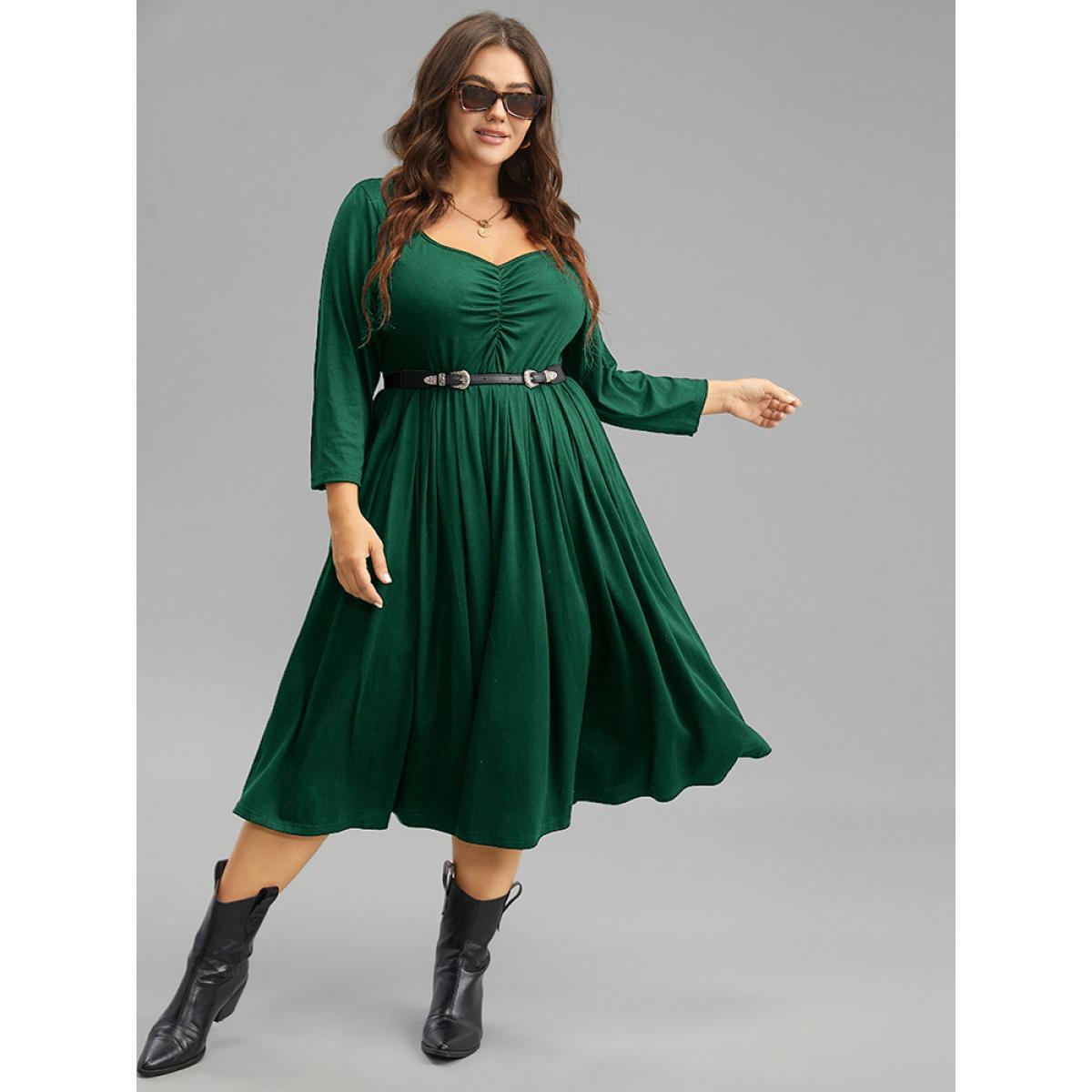 Plus Size Supersoft Essentials Square Neck Ruched Dress DarkGreen Women Casual Gathered Square Neck Elbow-length sleeve Curvy Midi Dress BloomChic 26/4X Product Image