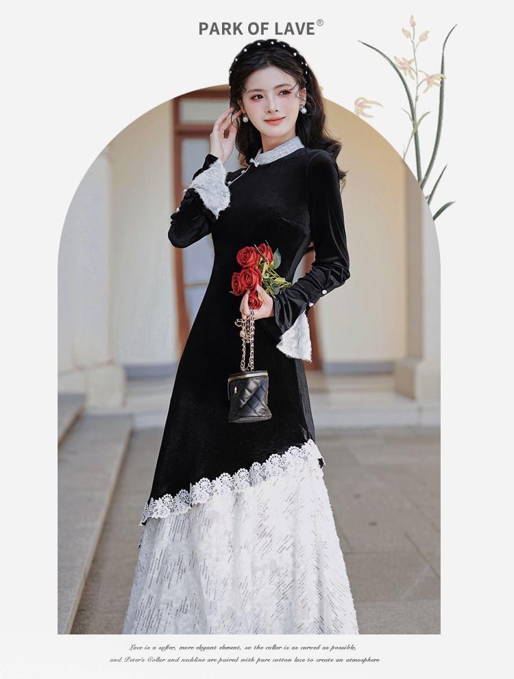 Long-Sleeve Stand Collar Asymmetrical Lace Panel Velvet Maxi A-Line Dress Product Image