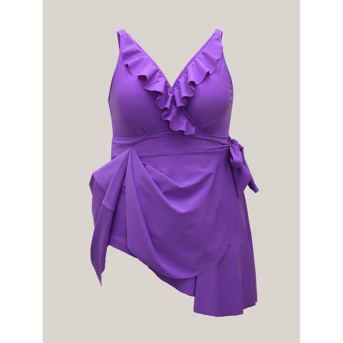 Plus Size Ruffled Edge Waist-Tie Flared Swim Dress Women's Swimwear BlueViolet Beach Bodycon Non High stretch Curve Swim Dresses BloomChic 26/4X Product Image