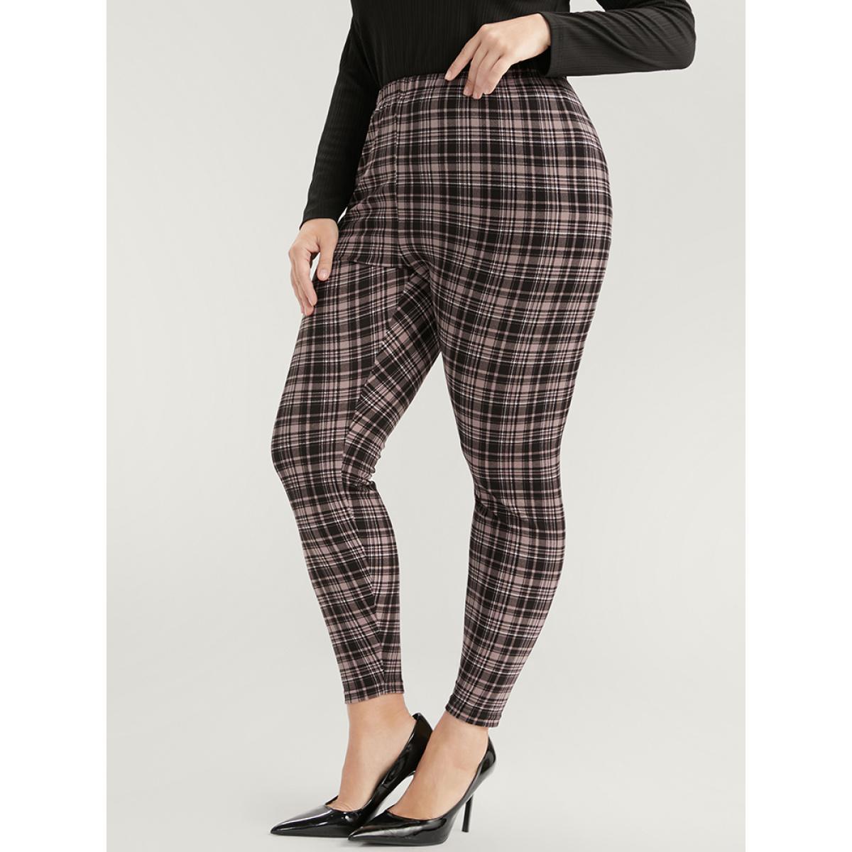 Plus Size Plaid Elastic Waist Skinny Pants Women LightBrown Elegant Skinny Mid Rise Dailywear Pants BloomChic 28/5X Product Image