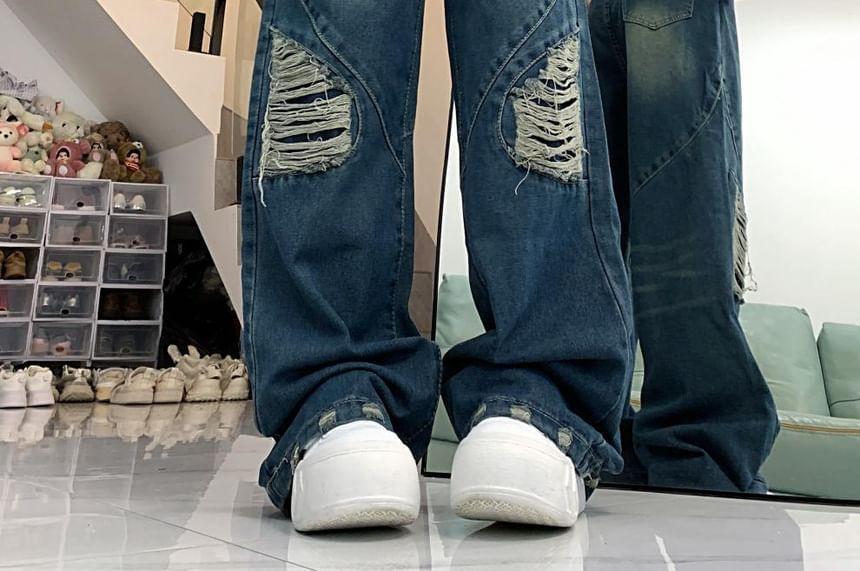 High-Waist Washed Distressed Wide-Leg Jeans Product Image