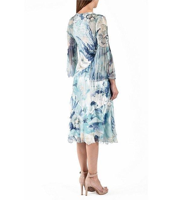 Komarov Floral Scoop Neckline Long Sleeve Pleated Charmeuse Dress Product Image