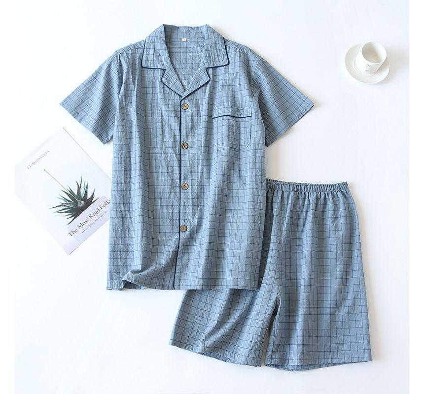 Couple Matching Pajama Set: Short-Sleeve Collared Plaid Top + Elastic Waist Shorts Product Image