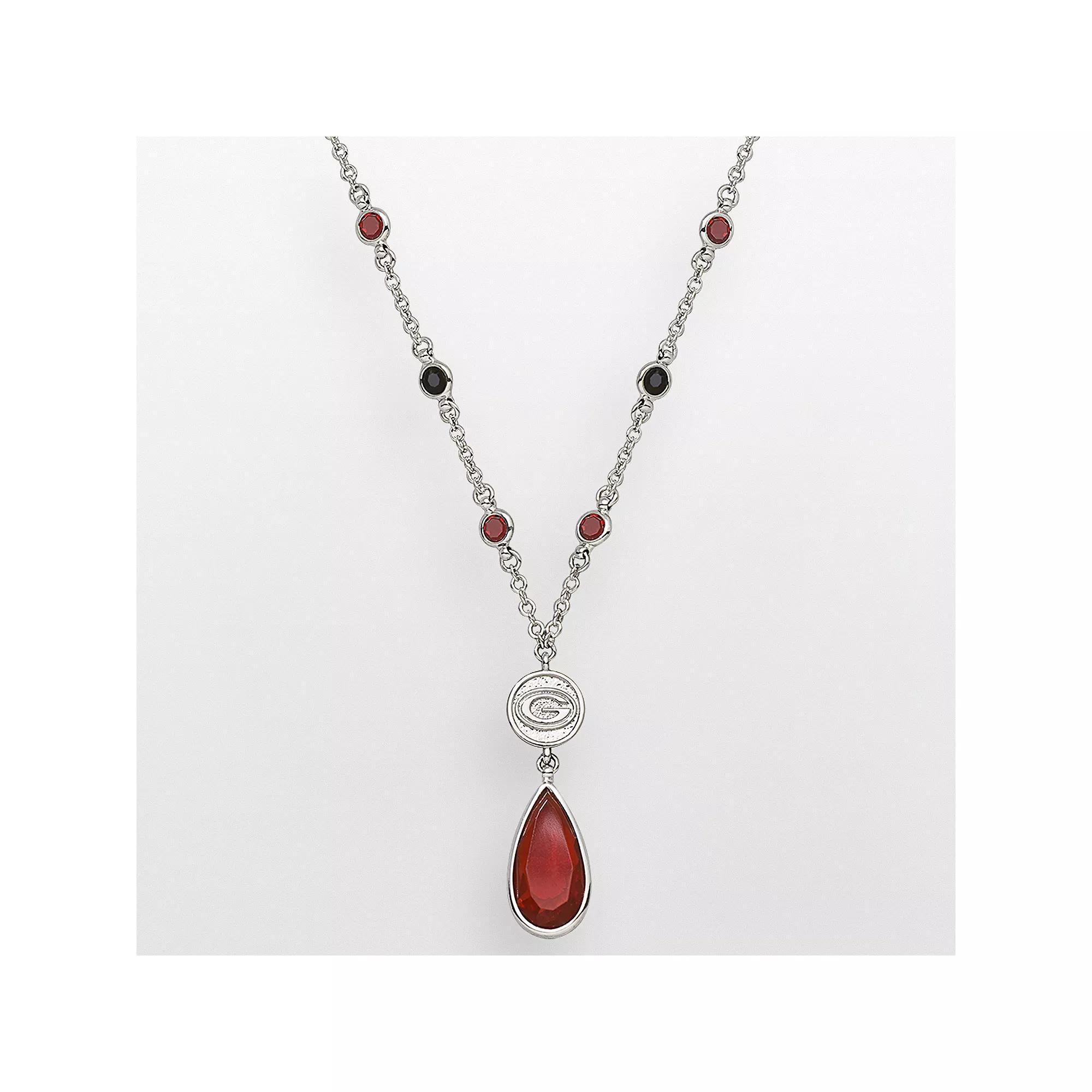 LogoArt Georgia Bulldogs Silver Tone Crystal Logo Teardrop Y Necklace, Women's Product Image