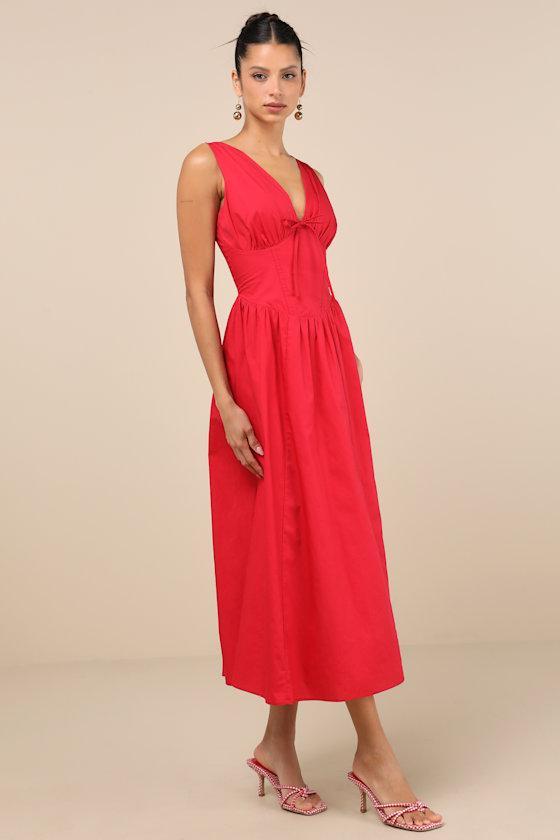 Lettie Red Poplin Plunge Neck Midi Dress Product Image