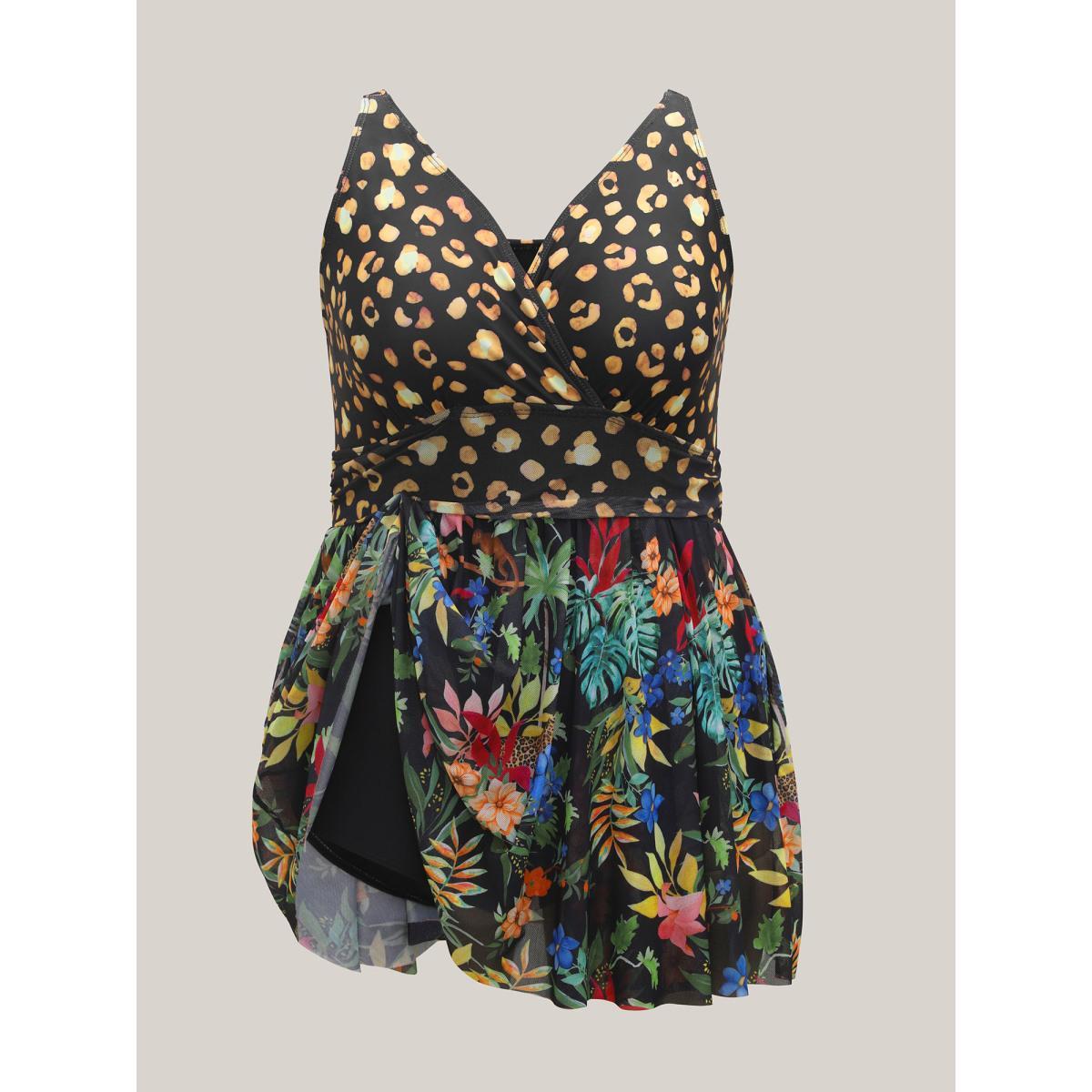 Plus Size Tropical Print Bust-Defining Swim Dress Women's Swimwear Black Beach Bodycon Overlap Collar High stretch Curve Swim Dresses BloomChic 12/L Product Image
