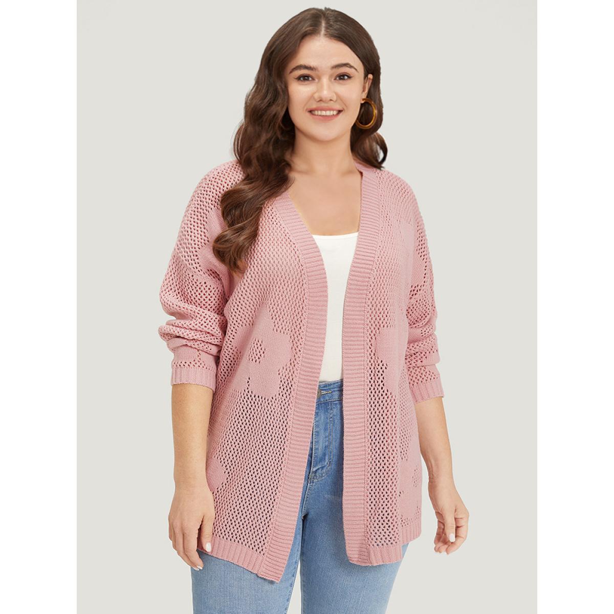 Plus Size Floral Graphic Eyelet Open Front Cardigan Pink Women Casual Loose Long Sleeve Dailywear Cardigans BloomChic 26/4X Product Image