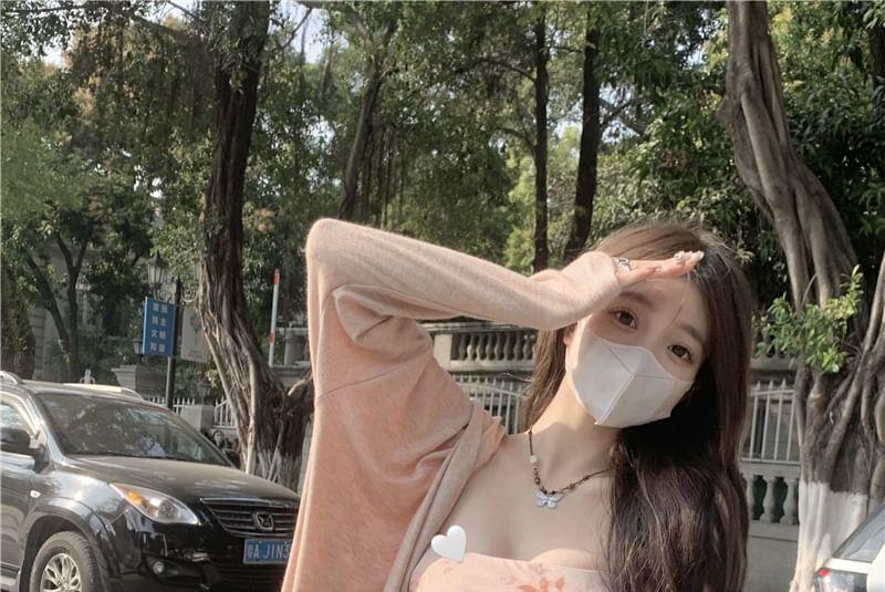 Plain Long Cardigan / Spaghetti Strap Floral Midi Sheath Dress Product Image