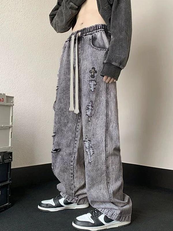 Men's Gray Wash Ripped Drawstring Loose Jeans Product Image