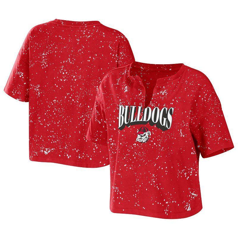 Women's WEAR by Erin Andrews Red Georgia Bulldogs Bleach Wash Splatter Cropped Notch Neck T-Shirt, Size: Small Product Image
