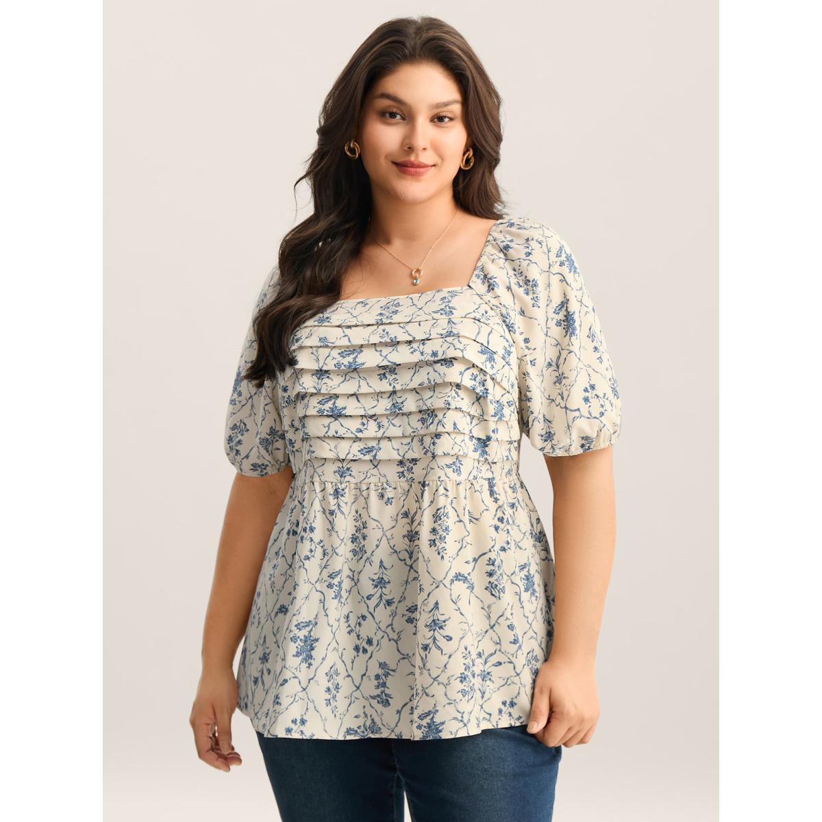 Plus Size Beige Floral Pleated Bodice Puffy Sleeve Blouse Women Half Sleeve Square Neck Everyday-Elegant Blouses BloomChic 26/4X Product Image