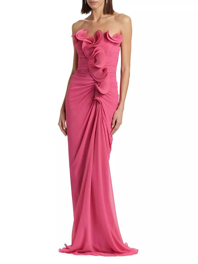Womens Ruffled Georgette Strapless Gown Product Image