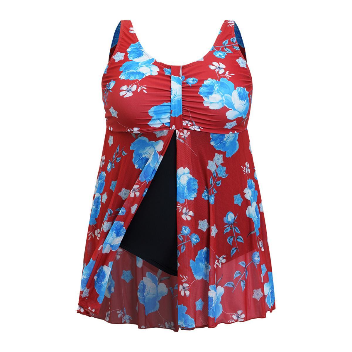 Plus Size Floral Print Split Front Ruched A Line Swim Dress Women's Swimwear Red Vacation Bodycon Round Neck High stretch Curve Swim Dresses BloomChic 12/L Product Image