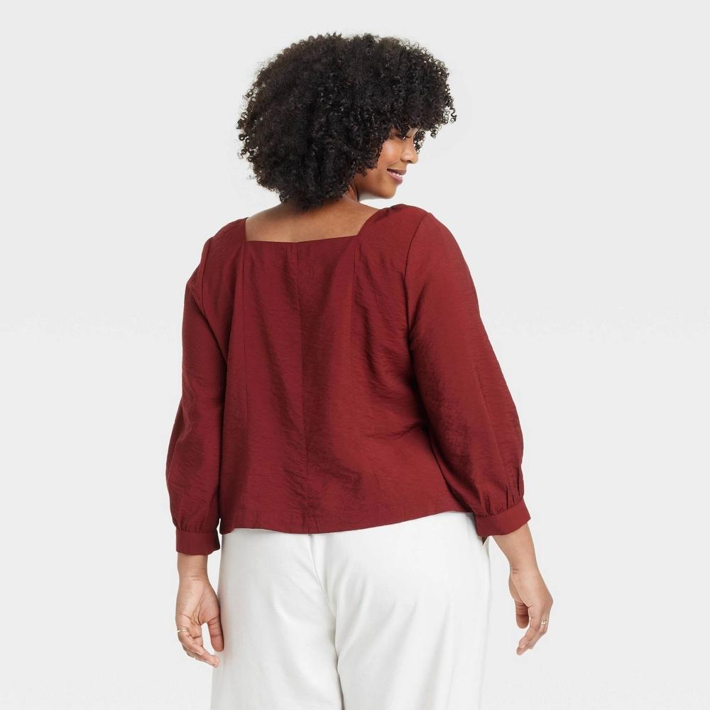 Womens Balloon 3/4 Sleeve Squareneck Blouse - A New Day Burgundy XL: Lightweight Rayon-Nylon Blend, Front Button Down Product Image