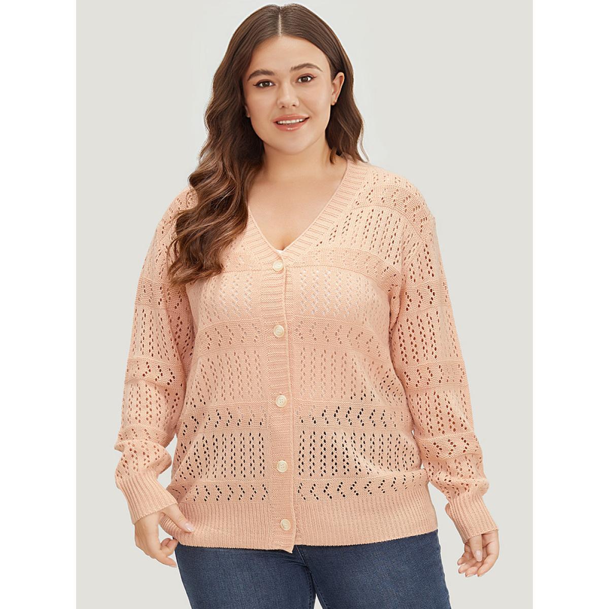 Plus Size Supersoft Essentials Geometric Eyelet Button Through Drop Shoulder Cardigan MistyRose Women Casual Bodycon Long Sleeve Everyday Cardigans BloomChic 18-20/2X Product Image