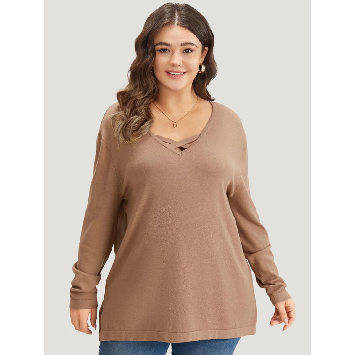 Plus Size Supersoft Essentials Crisscross Neck Split Side Pullover Tan Women Casual Loose Long Sleeve V-neck Dailywear Pullovers BloomChic 12/L Product Image