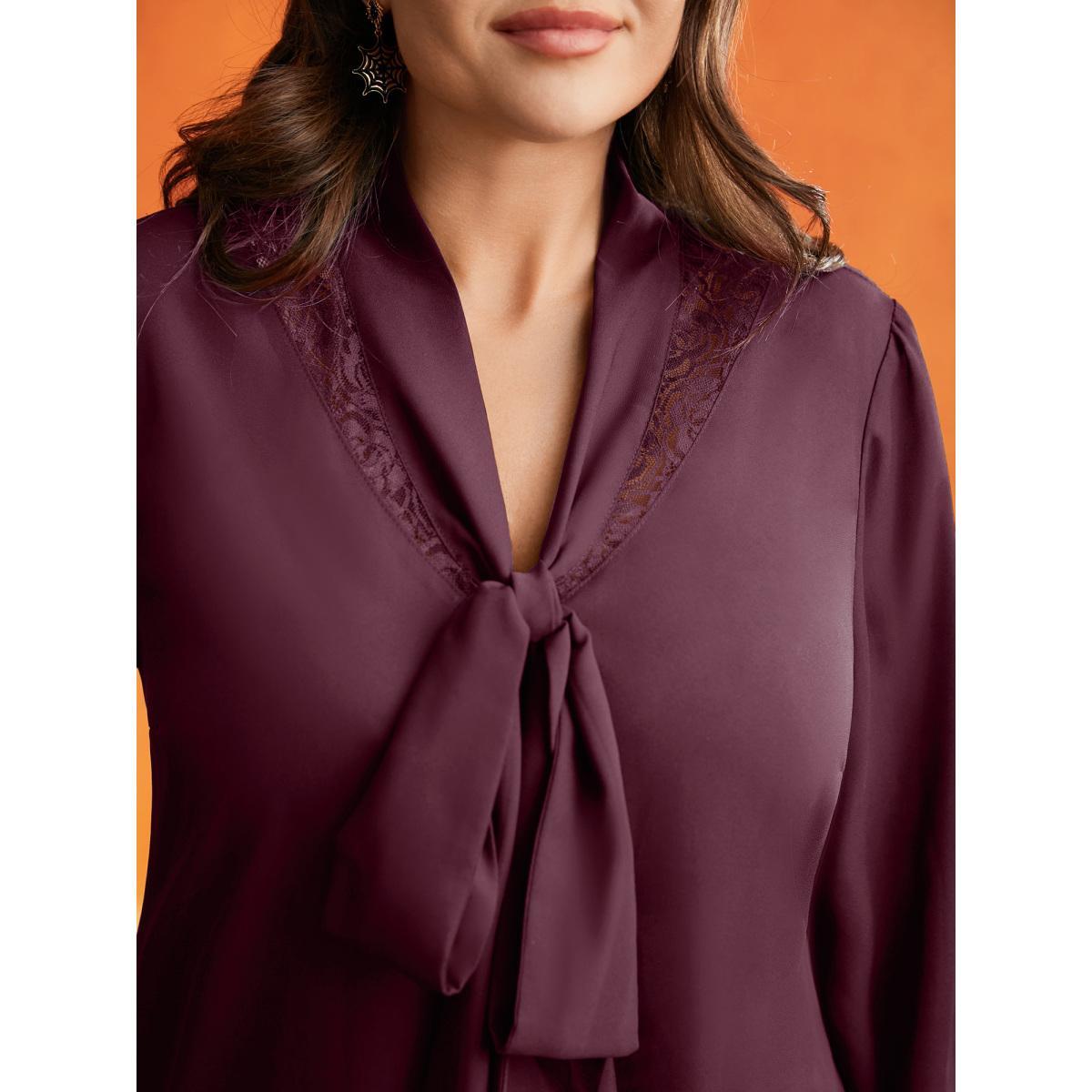 Plus Size Plum Lace-Trimmed Adjustable Ties Blouse Women Elegant Long Sleeve Ribbon-tied collar Everyday Blouses BloomChic 14-16/1X Product Image