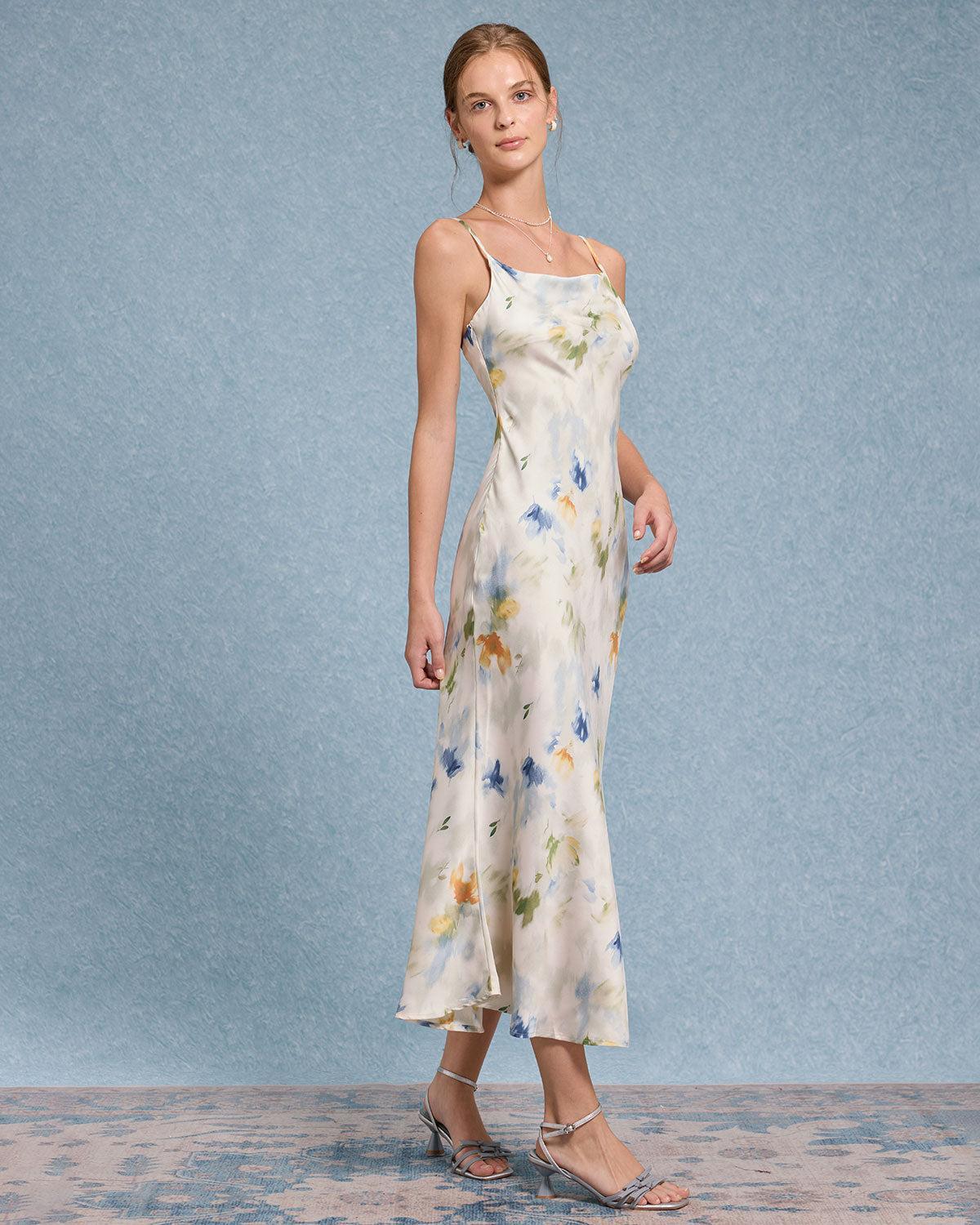 Blue Floral Mermaid Slip Midi Dress Product Image