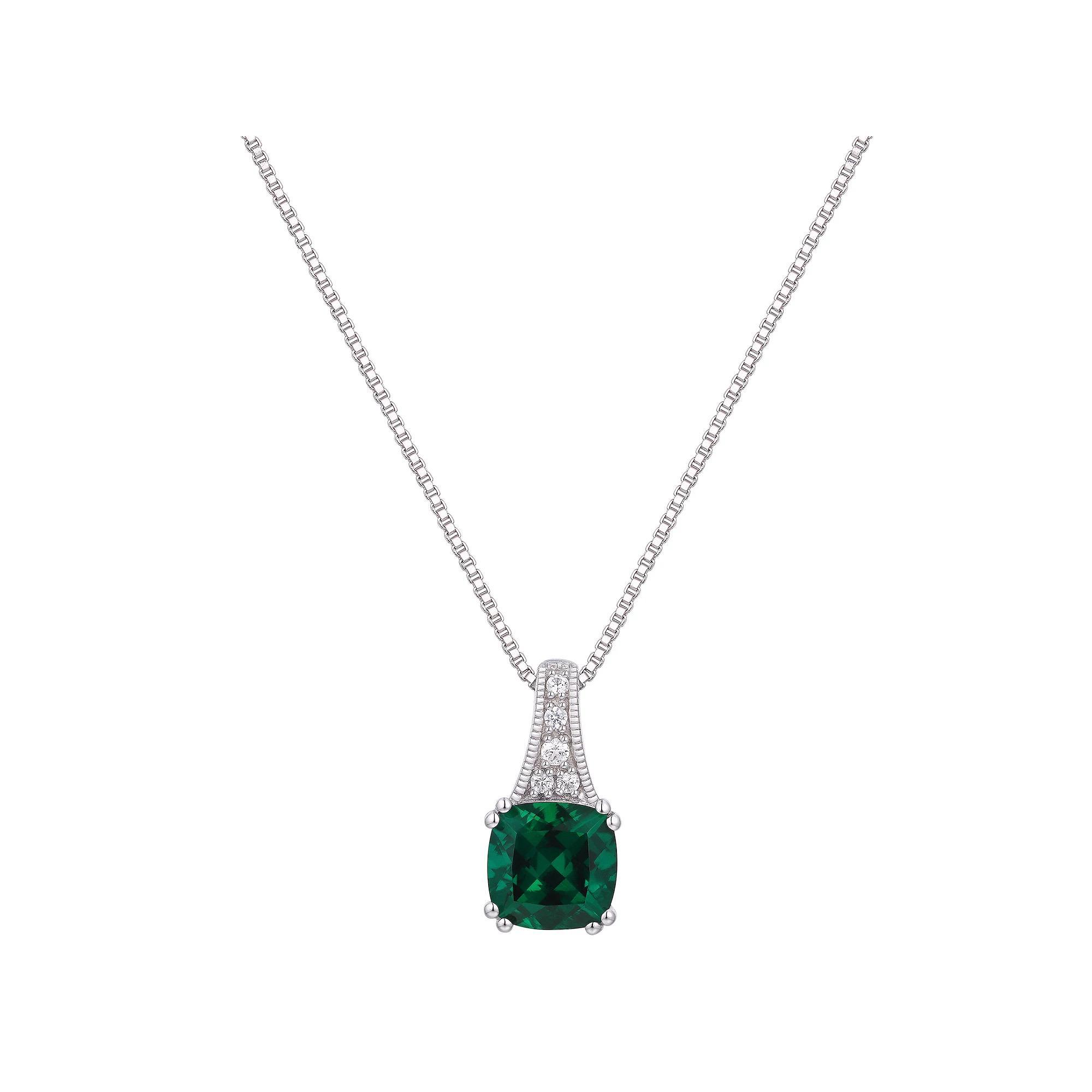 Rhodium Over Sterling Silver Square Gemstone With Lab-Created White Sapphire Accents Pendant Necklace, Women's, Size: 18", Created Green Product Image