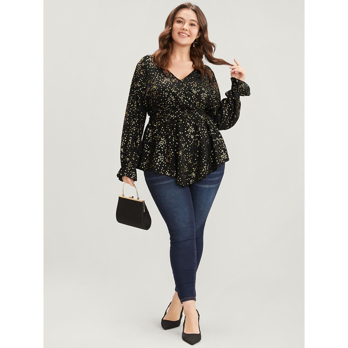 Plus Size Black Star Print Lantern Sleeve Asymmetrical Ruffles Hem Wrap Blouse Women Party Long Sleeve V-neck Going out Blouses BloomChic 26/4X Product Image