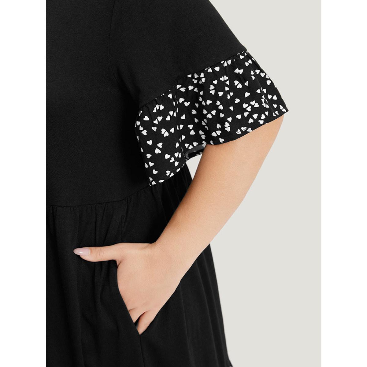 Plus Size Supersoft Essentials Heart Print Patchwork Flutter Trim Dress Black Women Casual Gathered V-neck Short sleeve Curvy Midi Dress BloomChic 10/M Product Image