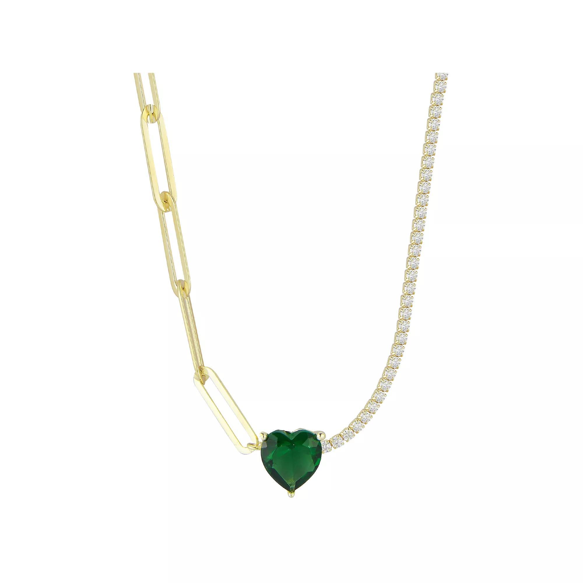 Sunkissed Sterling Cubic Zirconia Link & Tennis Heart Necklace, Women's, Size: 16", Gold Tone Green Product Image