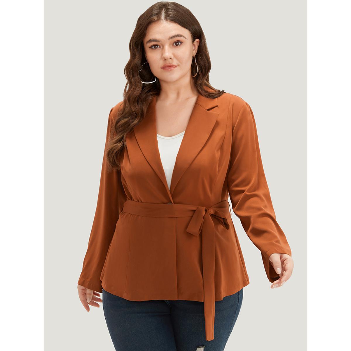 Plus Size Solid Belted Suit Collar Blazer Chocolate Women Dailywear Plain Plain Sleeve Long Sleeve Suit Collar 14-16/1X Belt Casual Blazers BloomChic Product Image