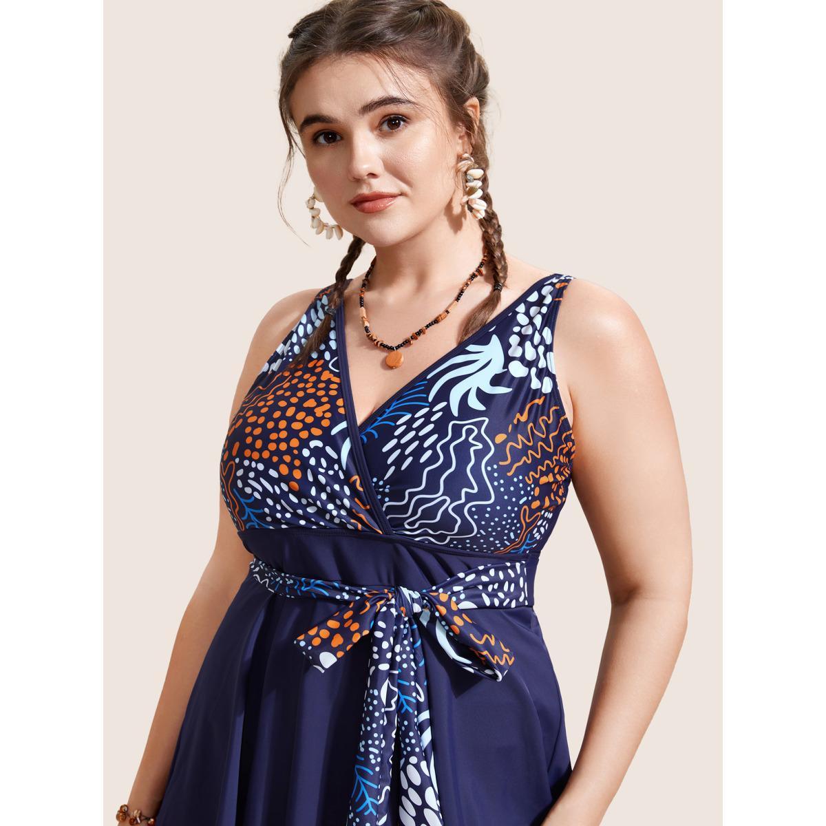 Plus Size Marine Elements Patchwork Tie Knot Swim Dress Women's Swimwear Indigo Beach Bodycon V-neck High stretch Curve Swim Dresses BloomChic 14-16/1X Product Image