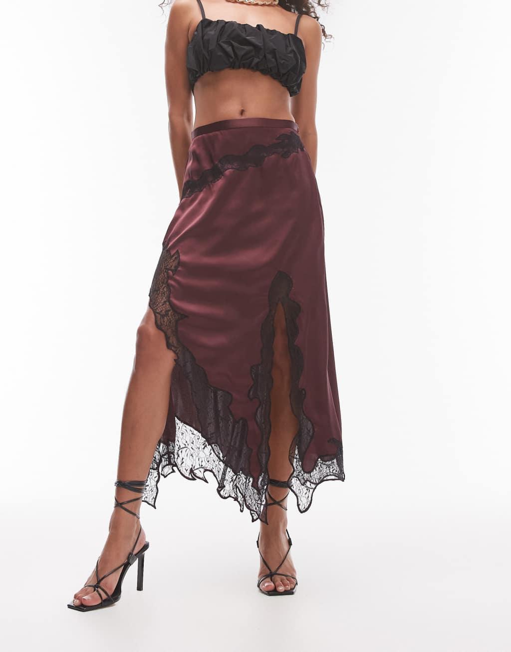 Topshop satin and lace maxi skirt burgundy with black lace Product Image