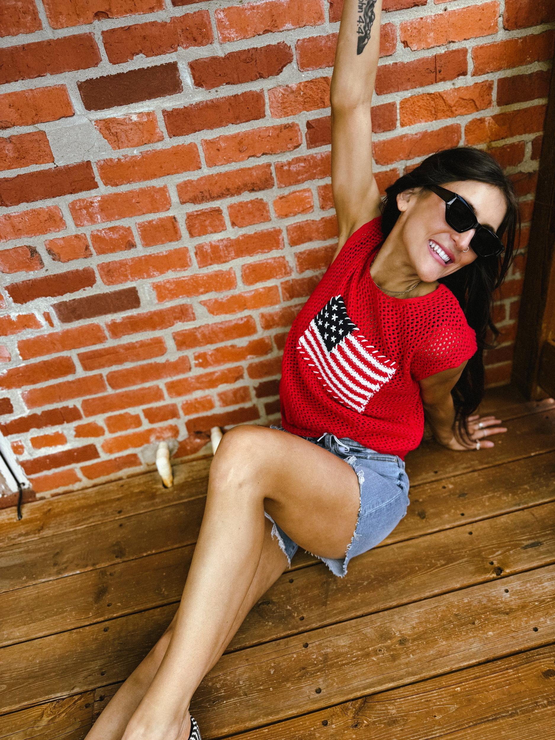 American Flag Crochet Knit Sweater Top Product Image