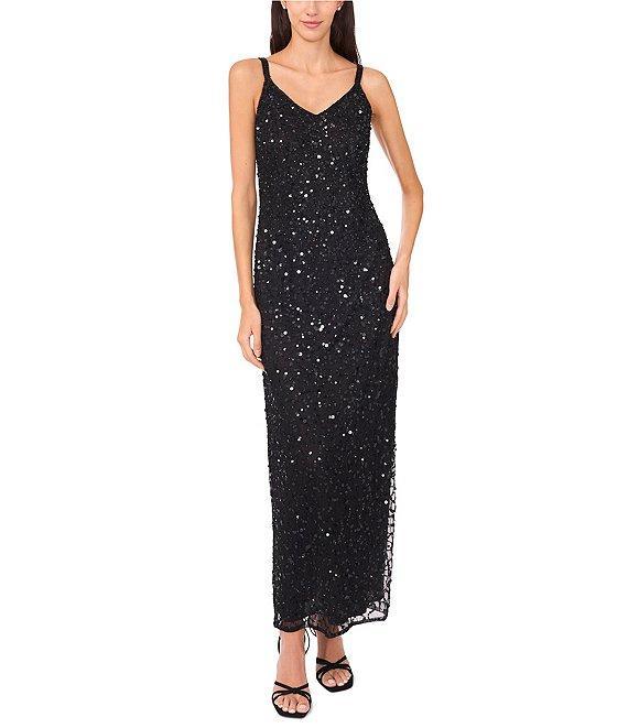 Pisarro Nights Beaded Mesh V-Neck 3/4 Sleeves A-Line 2-Piece Jacket Dress Product Image