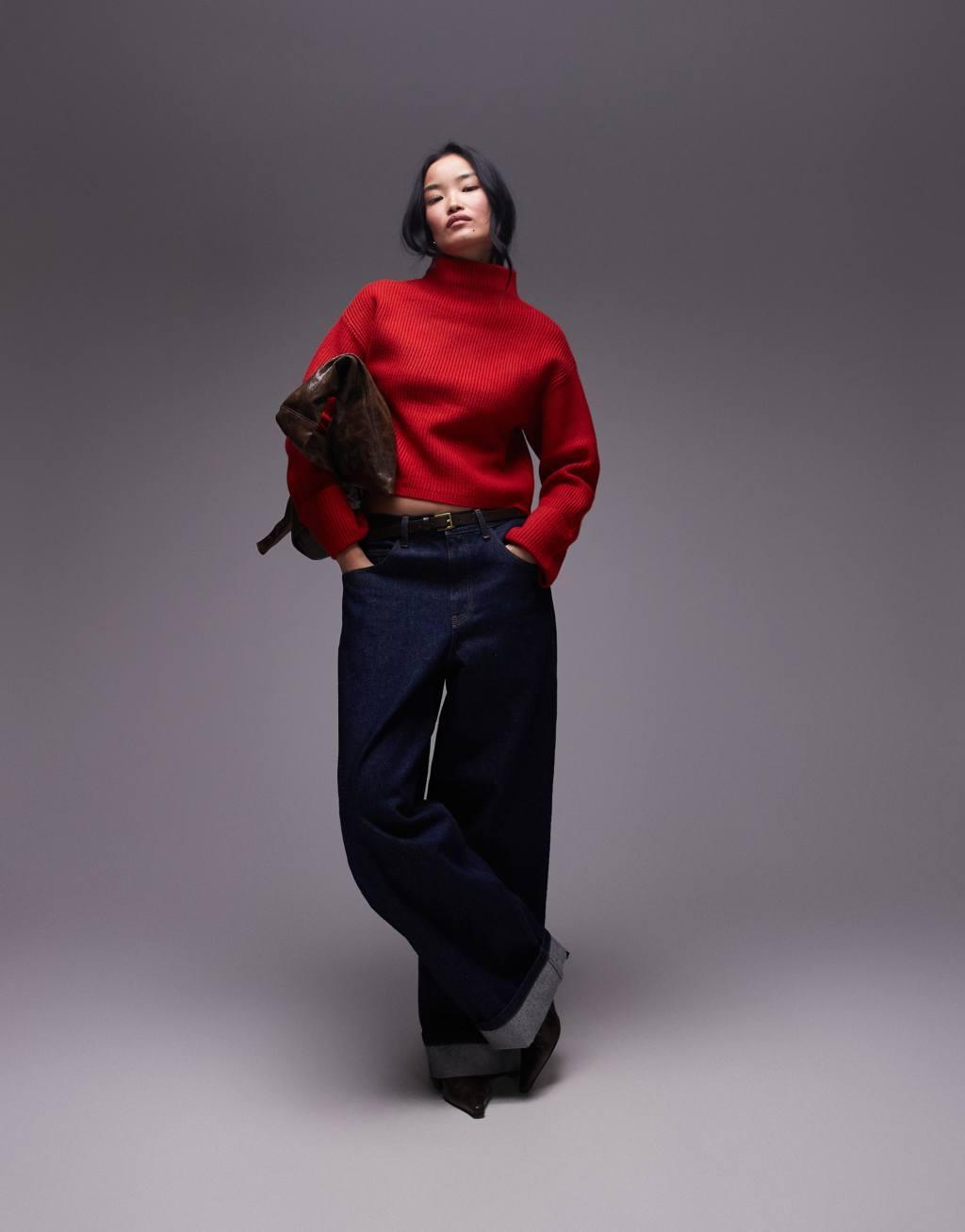 Mango high neck chunky sweater in red Product Image