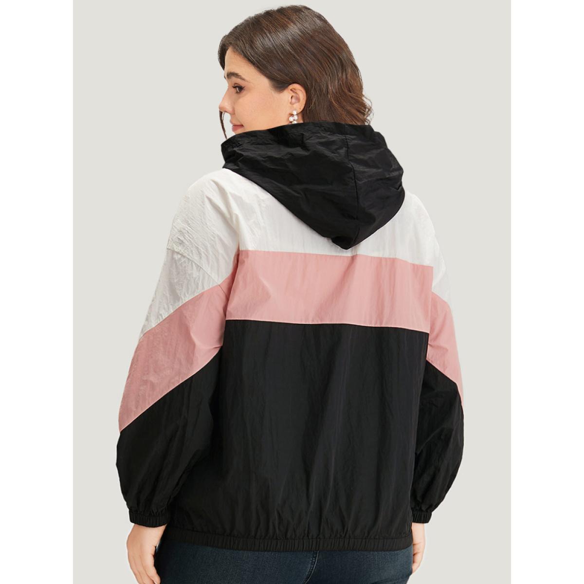 Plus Size Colorblock Contrast Zipper Pocket Hooded Jacket Women Black Elastic cuffs Pocket Dailywear Jackets BloomChic 18-20/2X Product Image