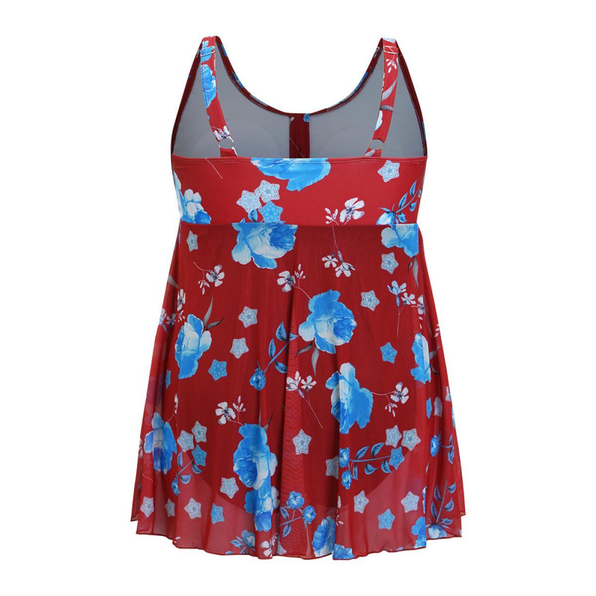 Plus Size Floral Print Split Front Ruched A Line Swim Dress Women's Swimwear Red Vacation Bodycon Round Neck High stretch Curve Swim Dresses BloomChic 12/L Product Image