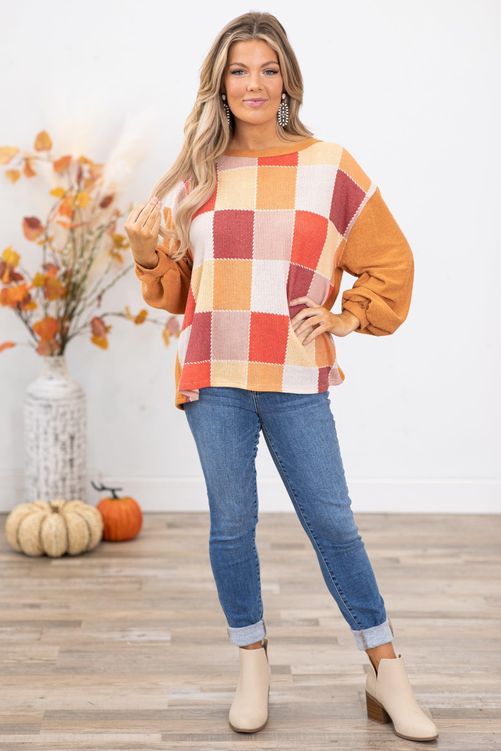 Orange and Wine Checkerboard Print Top Product Image