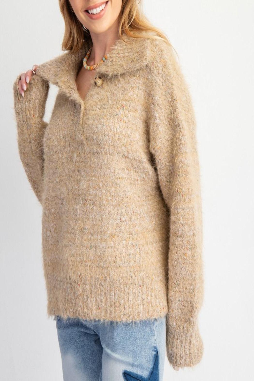 Multi Color Brushed Knit Henley Sweater Product Image